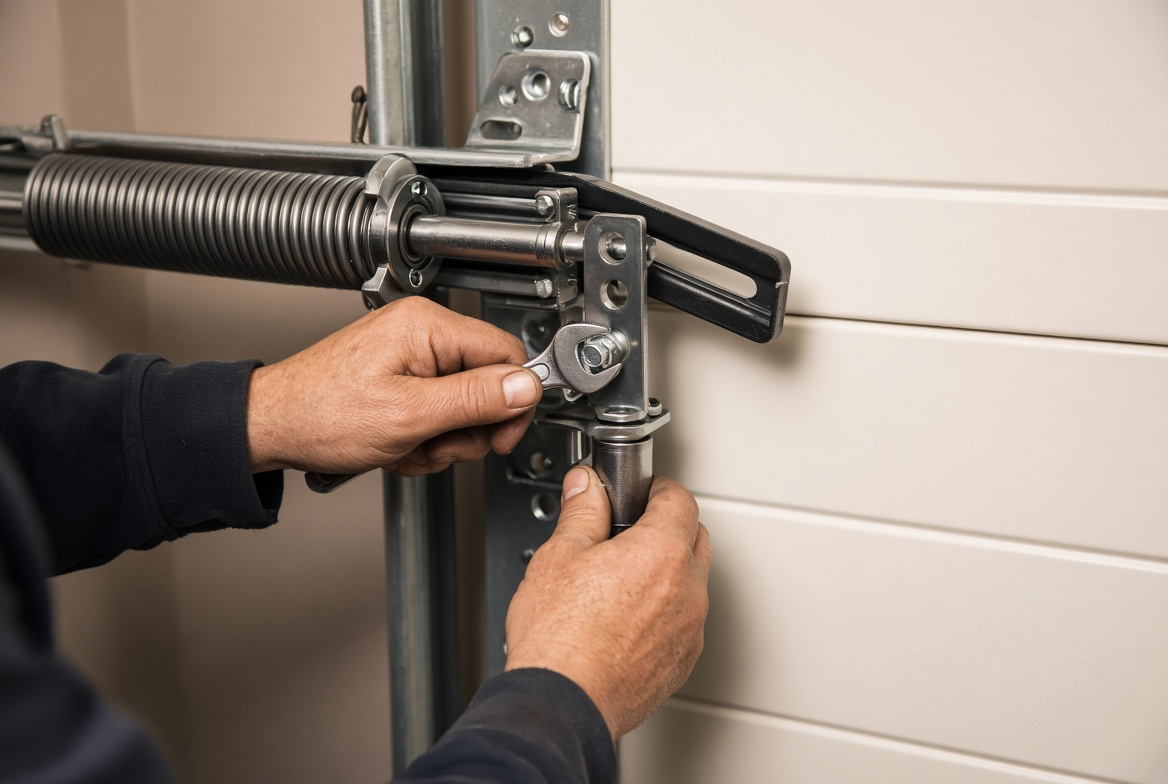 Torsion spring and track hardware on a residential garage door